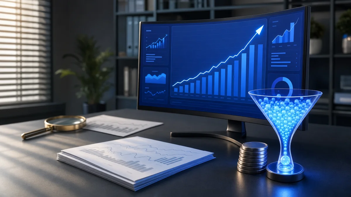 Painel de métricas de ROI de SEO com funil de leads, gráfico e lupa sobre indicador secundário