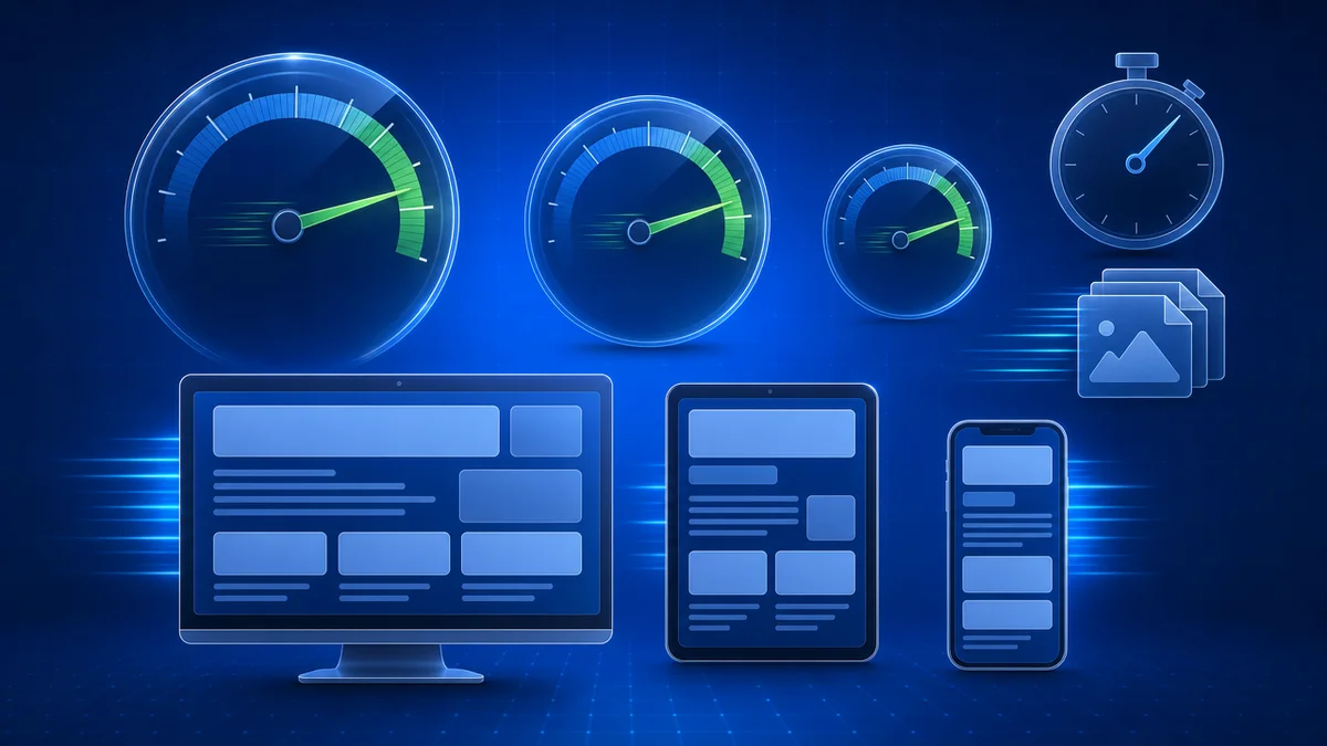 Painel com velocímetros de Core Web Vitals e dispositivos ilustrando velocidade em SEO on-page