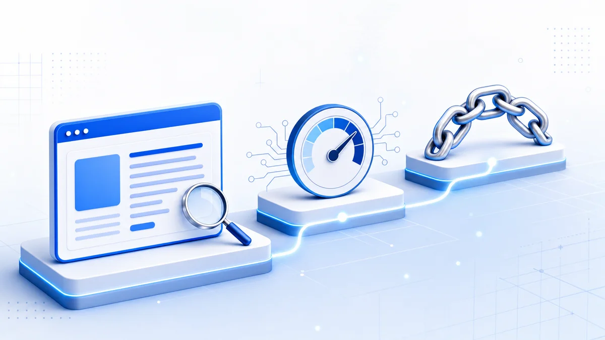 Diagrama mostrando a ordem de prioridade entre SEO on-page, técnico e link building