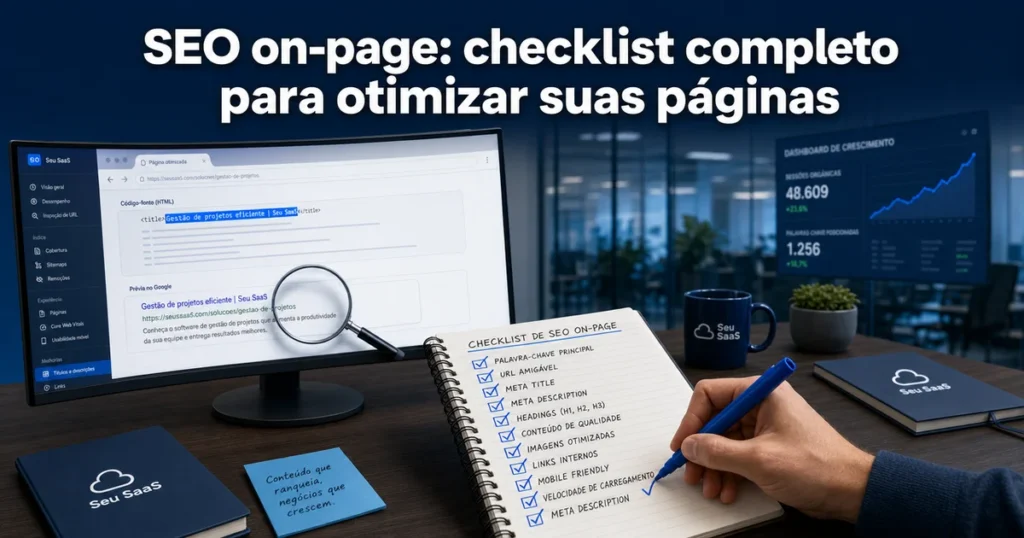 Checklist de SEO on-page com anotações azuis e tela de meta title otimizada