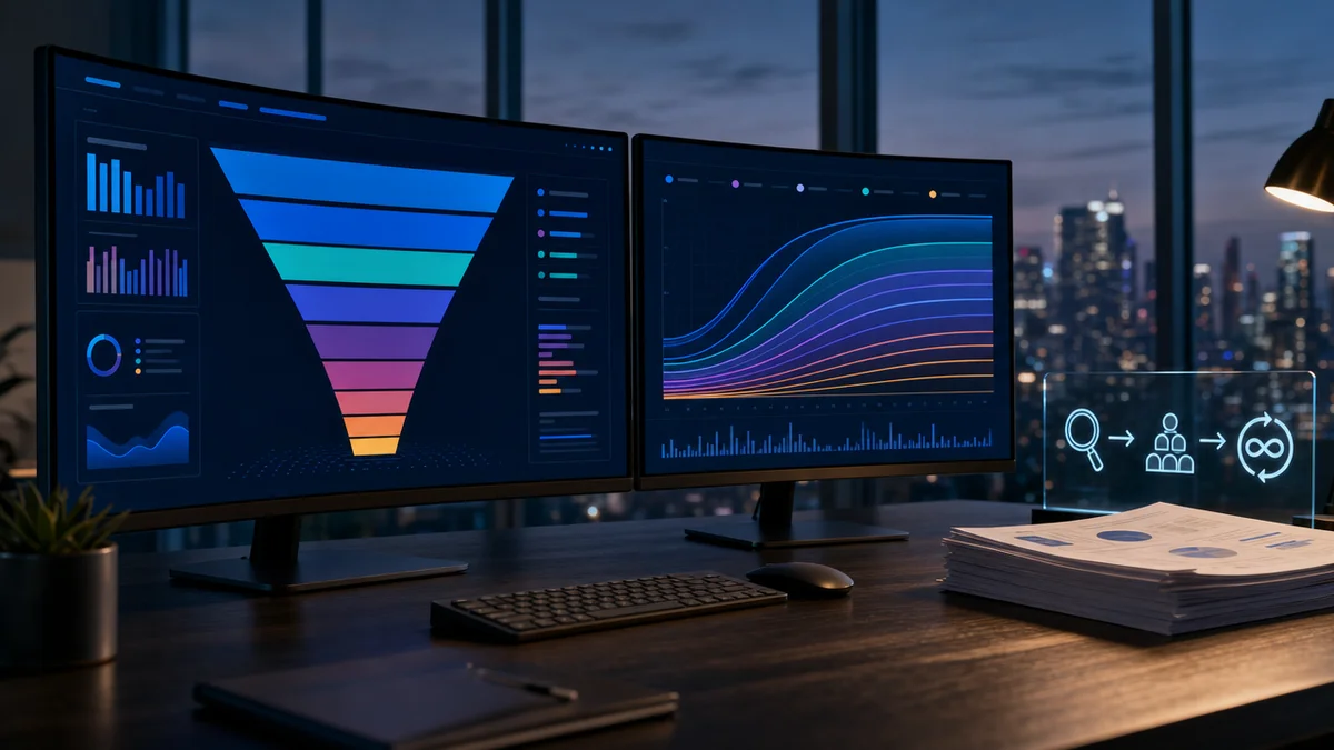 Dashboard mostra funil de receita recorrente segmentado por plano em SEO para SaaS