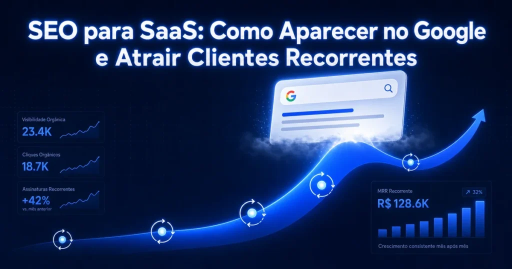 Capa sobre SEO para SaaS com gráfico de crescimento e busca no Google em tons de azul