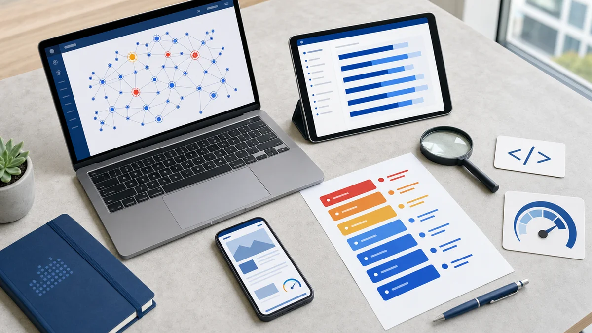 Mesa com laptop, tablet e celular representando ferramentas de auditoria de SEO técnica organizadas por prioridade
