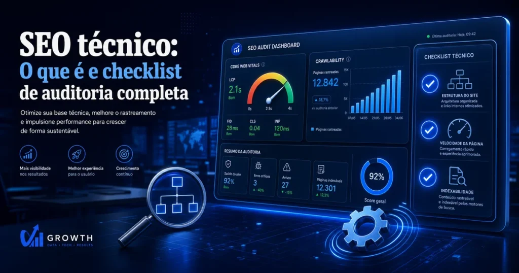 Dashboard de auditoria de SEO técnico com checklist e Core Web Vitals em destaque