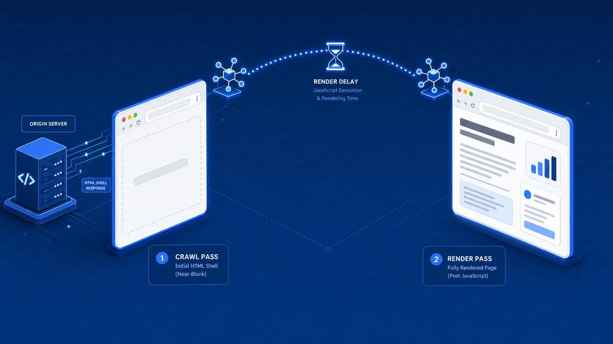 Diagrama isométrico do hiato entre o HTML vazio de uma SPA e sua renderização pelo Googlebot
