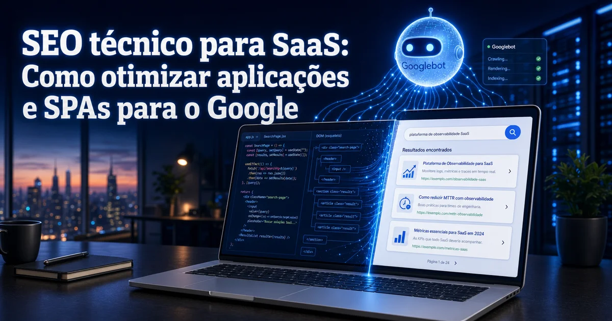 Capa sobre SEO técnico para SaaS: laptop mostrando SPA sendo renderizada e indexada pelo Google