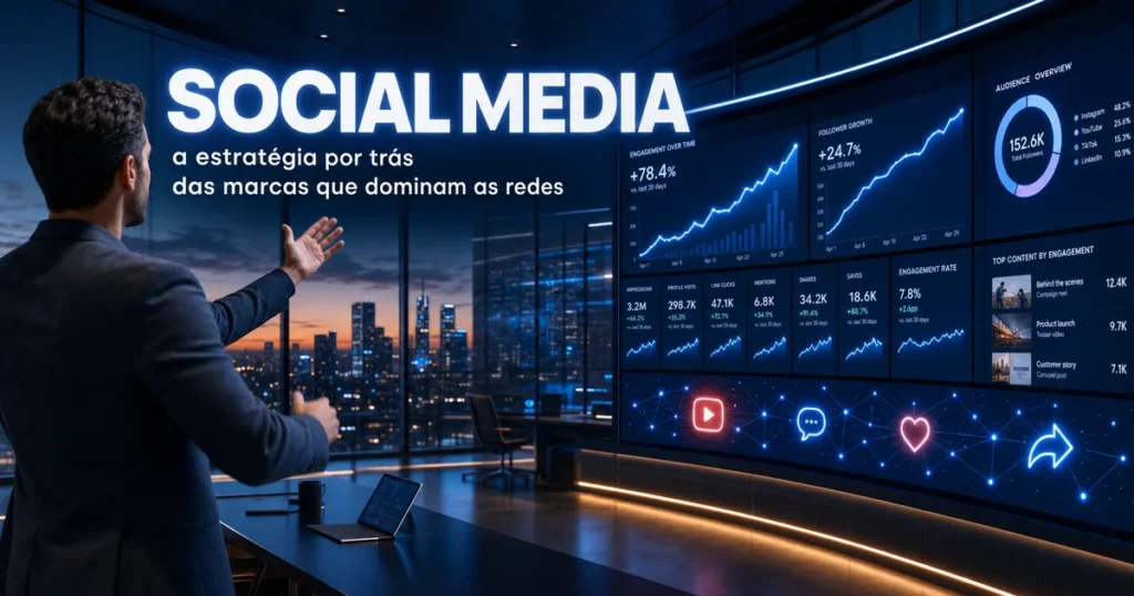 Sala de estratégia com dashboards de social media ilustrando gestão de redes sociais para marcas