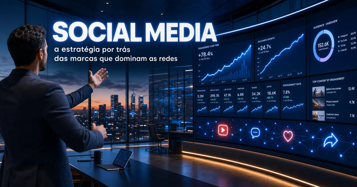Sala de estratégia com dashboards de social media ilustrando gestão de redes sociais para marcas