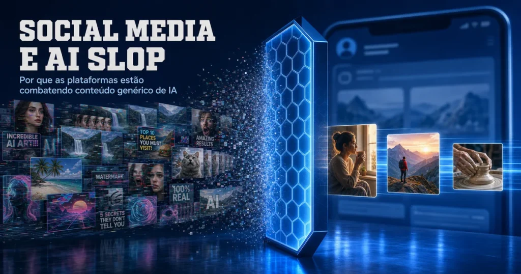 Capa sobre ai slop: conteúdo genérico de IA sendo filtrado nas redes sociais