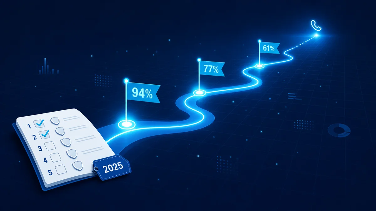 Diagrama do caminho de decisão B2B com marcos de 94%, 77% e 61% antes do contato comercial (2025)