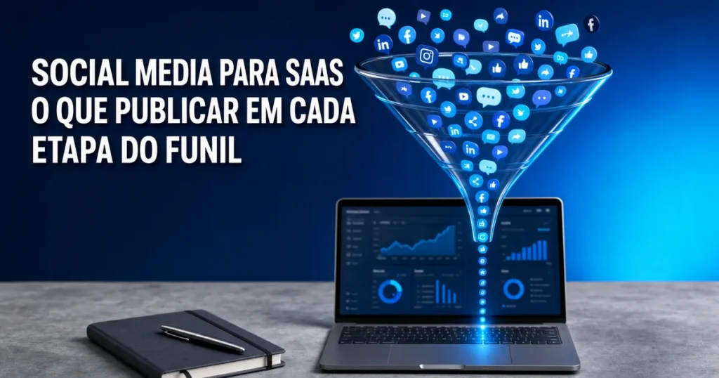 Funil de marketing com ícones de redes sociais ilustrando social media para SaaS em cada etapa