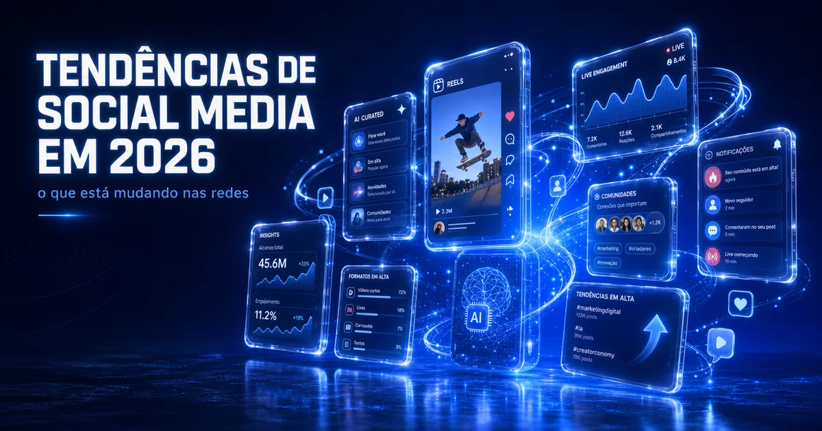 Capa sobre tendências de social media em 2026 com painéis futuristas representando redes sociais