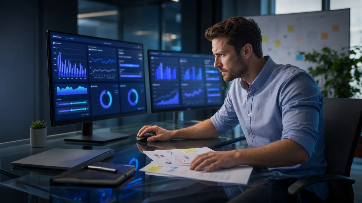 Analista revisa dashboards conflitantes ao medir ROI de conteúdo B2B
