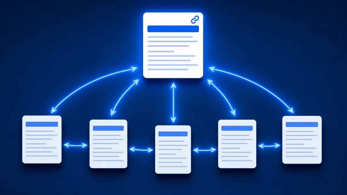 Diagrama mostrando interlinkagem em mão dupla entre página pilar e páginas satélite de um topic cluster