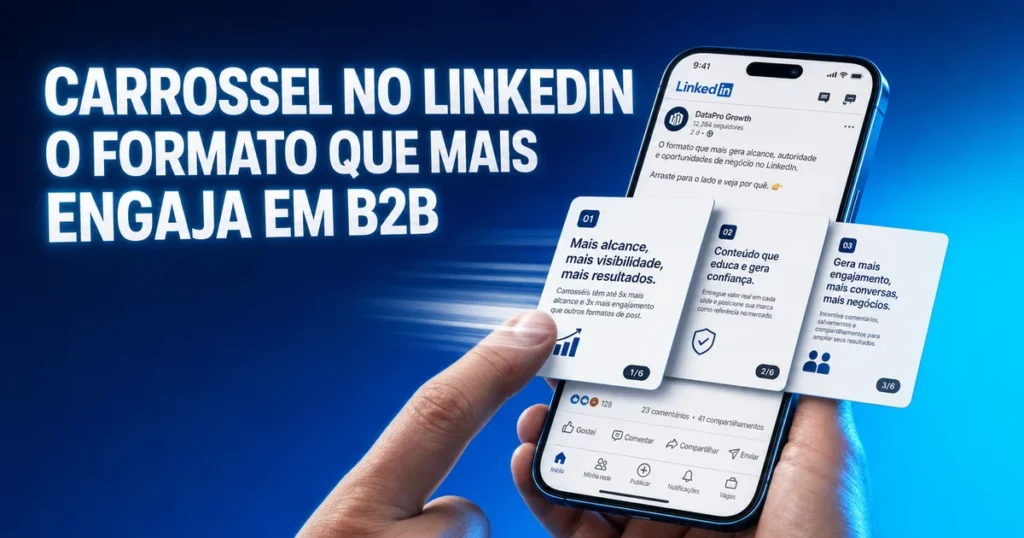 Carrossel no LinkedIn em smartphone ilustrando o formato que mais engaja em B2B