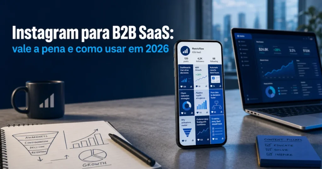 Celular com perfil comercial no Instagram para B2B SaaS sobre mesa de escritório moderna