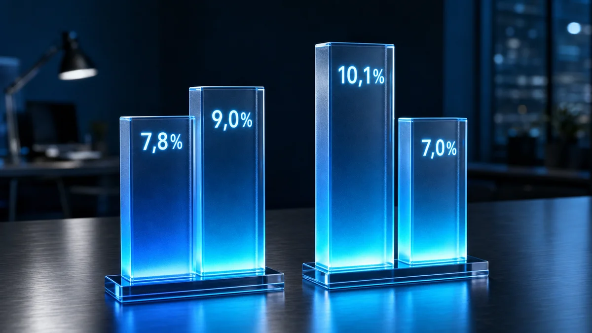 Gráfico comparando percentuais de orçamento de marketing B2B: 7,8%, 9,0%, 10,1% e 7,0% da receita
