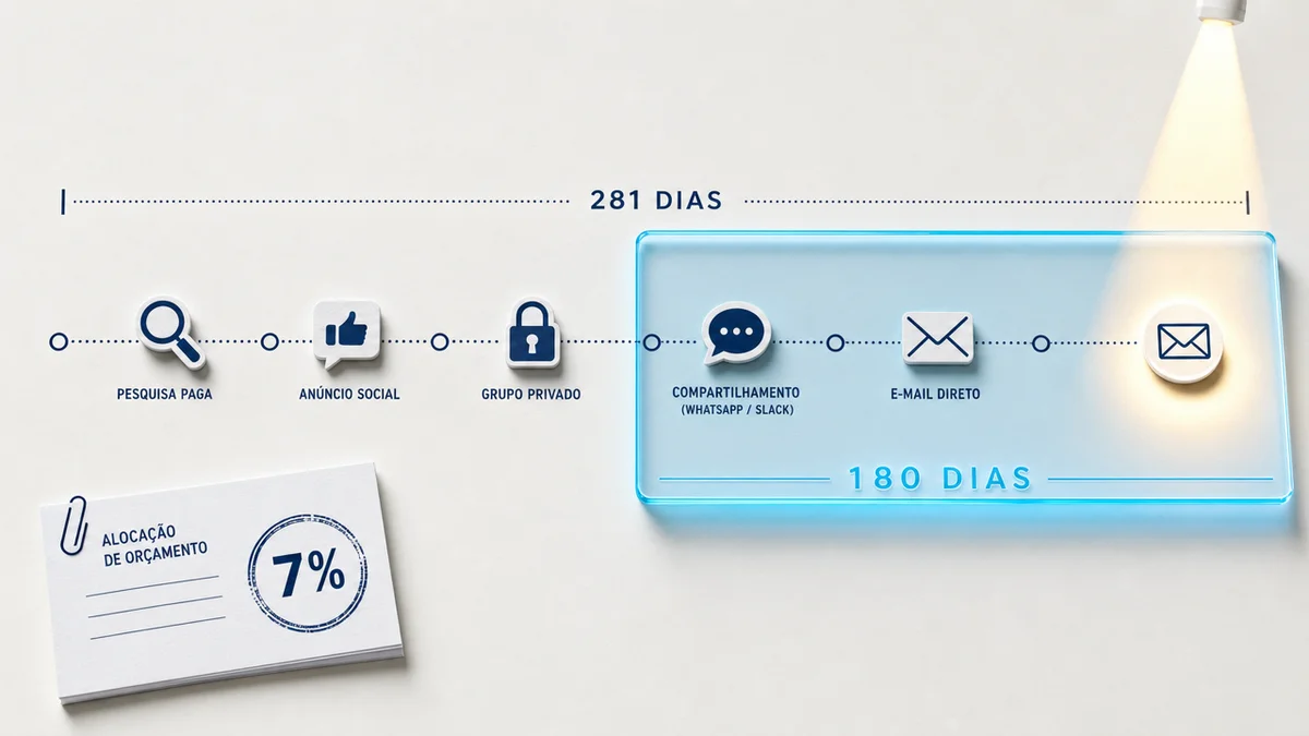 Diagrama da jornada B2B de 281 dias com janela de atribuição de 180 dias além do last-click