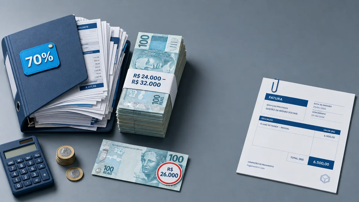 Comparativo visual de custos: pilha de folha de pagamento interna de R$ 24 mil a R$ 32 mil com 70% de encargos versus retain…