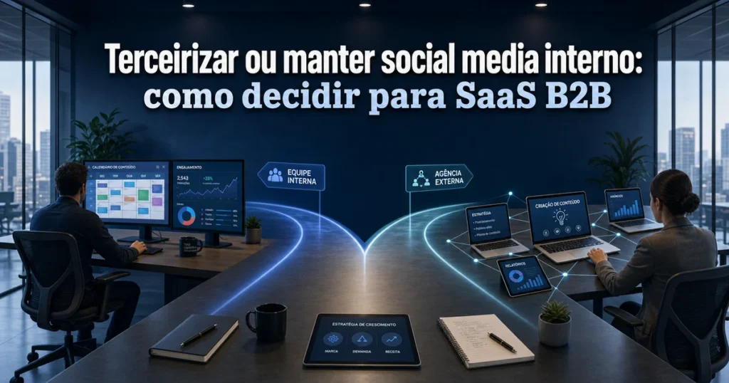 Capa comparando terceirizar social media B2B e manter equipe interna em SaaS