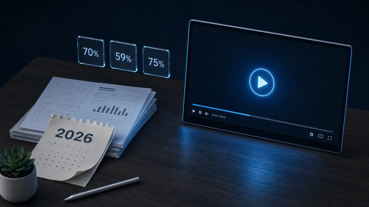 Tela de vídeo em destaque sobre documentos impressos ilustra o youtube para b2b em 2026