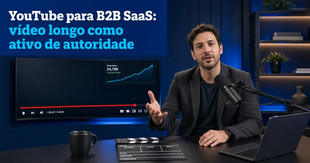 Criador gravando vídeo longo no YouTube para B2B SaaS como ativo de autoridade